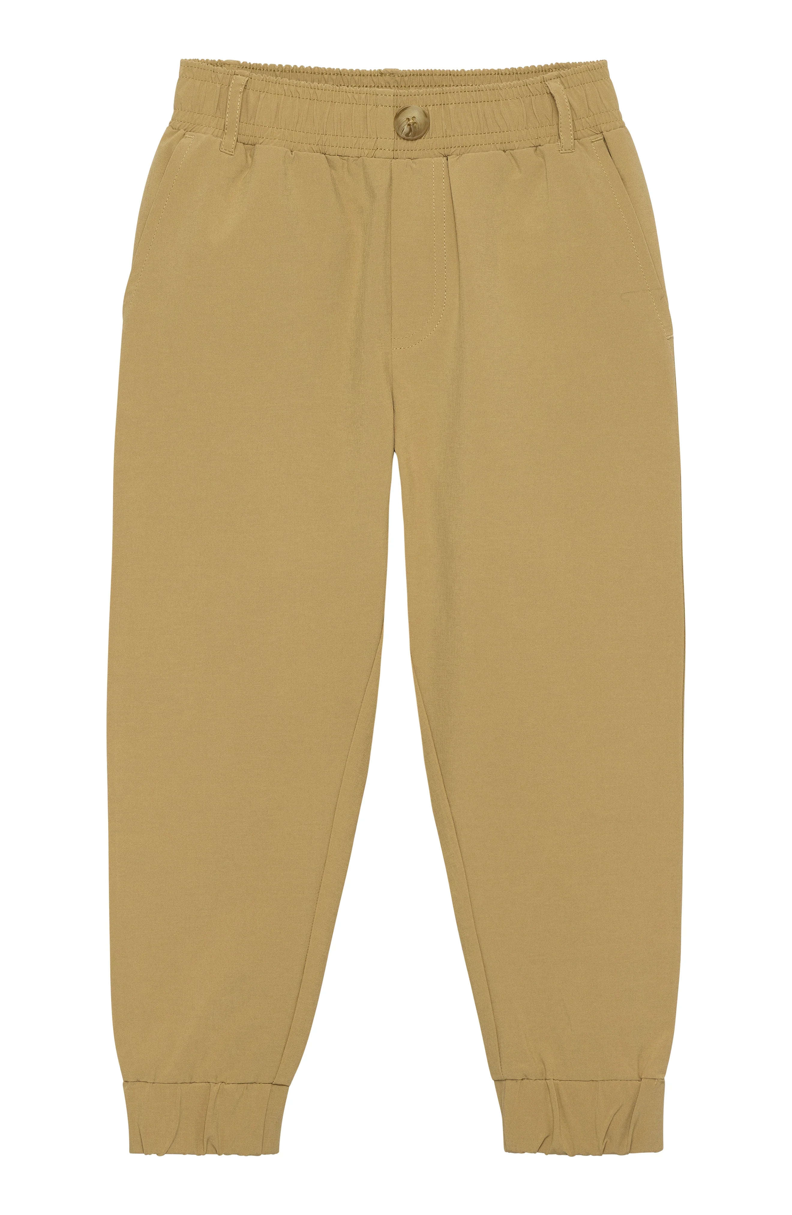 A pair of beige jogger-style pants with an elastic waistband, side pockets, and elastic cuffs, shown flat on a white background.
