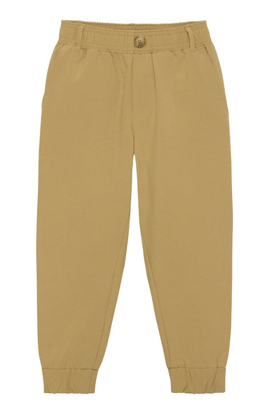 A pair of beige jogger-style pants with an elastic waistband, side pockets, and elastic cuffs, shown flat on a white background.