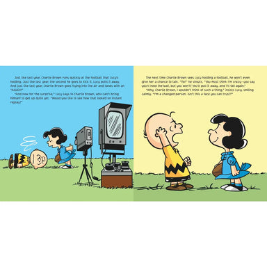 Comic strip with Charlie Brown and friends around a television set.
