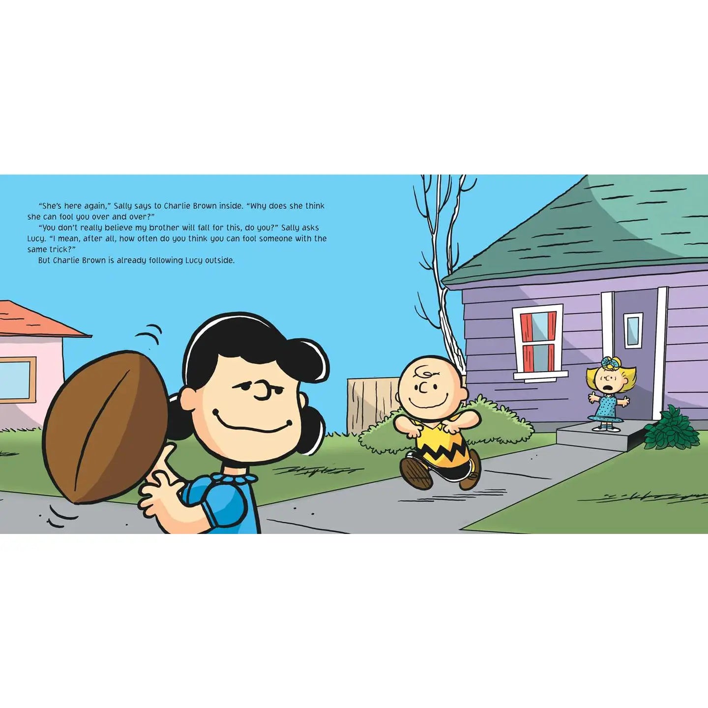 Comic strip scene with characters from 'Peanuts' in front of a house