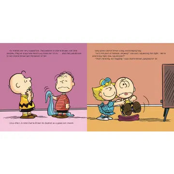 Cartoon characters from 'Peanuts' in a classroom setting with text boxes.