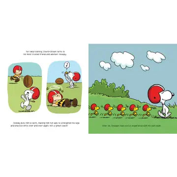 Comic strip with Snoopy and Woodstock playing football on a grassy field with a blue sky.
