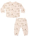 A two-piece baby sweatsuit featuring a long-sleeve top and matching pants in a light cream color with a delicate brown and beige whimsical kitty print, displayed on a solid white background.
