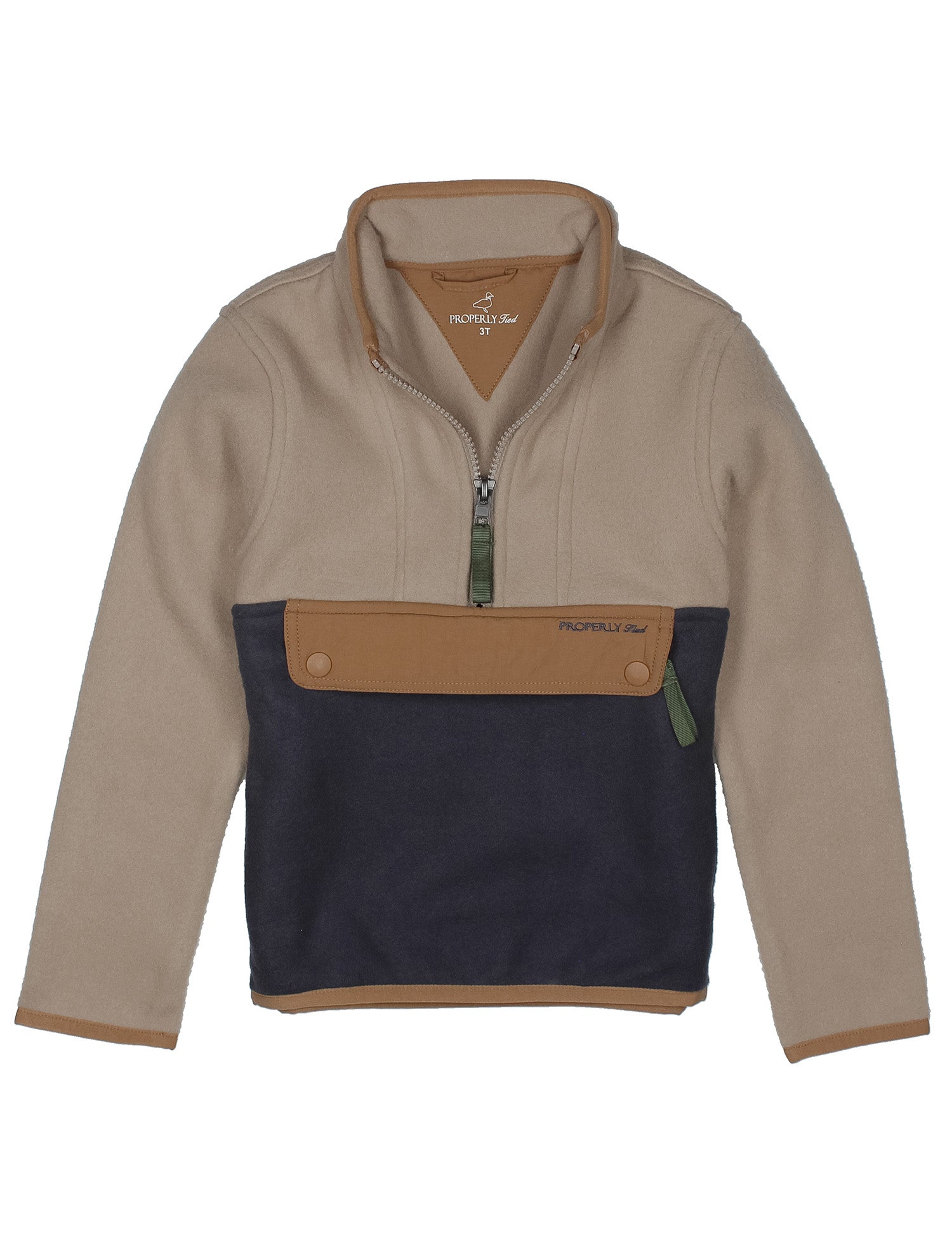 Beige and navy pullover with a quarter zip on a white background
