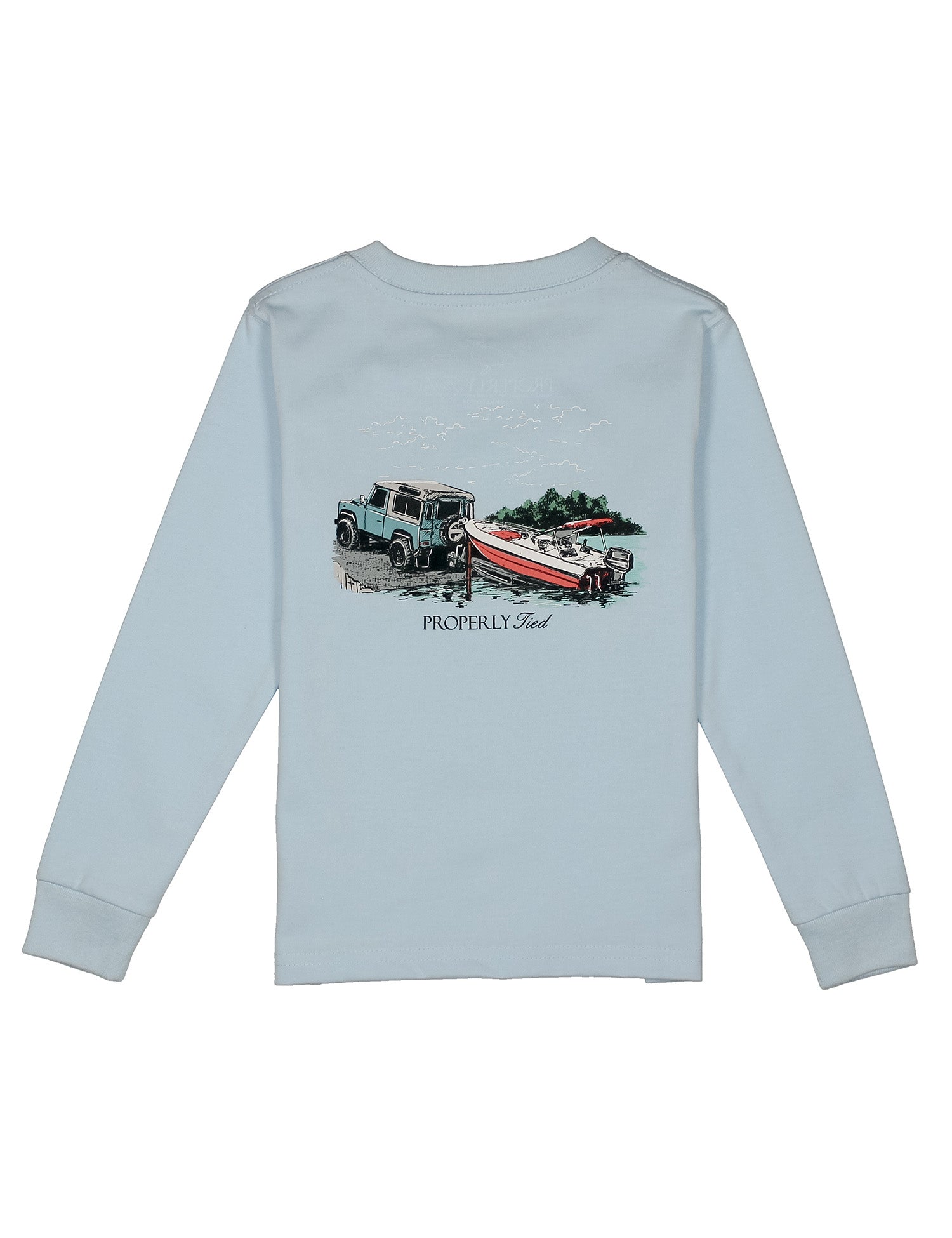 Periwinkle blue long sleeve tee with a graphic of a jeep pulling a boat out of the water