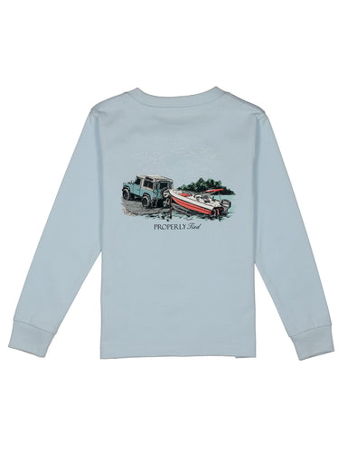 Periwinkle blue long sleeve tee with a graphic of a jeep pulling a boat out of the water