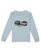 Periwinkle blue long sleeve tee with a graphic of a jeep pulling a boat out of the water