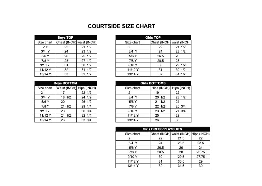 COURTSIDE SIZE CHART for boys and girls clothing on a white background