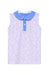 Sleeveless dress with floral pattern and blue collar on a white background
