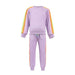 A children's two-piece tracksuit in light purple, featuring a long-sleeve sweatshirt and matching jogger pants. The sleeves and side of the pants have vertical rainbow stripes in red, orange, yellow, green, and blue.