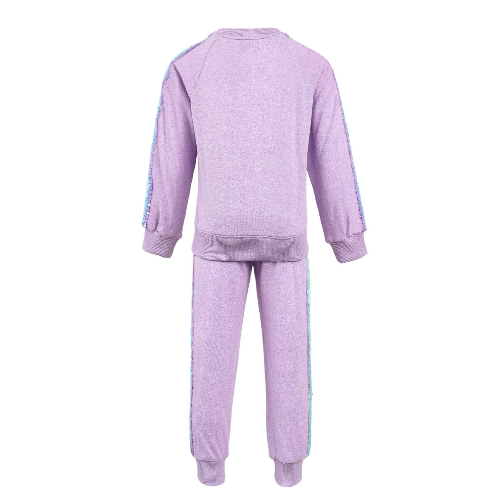 A children's two-piece tracksuit in light purple, shown from the back. The set includes a long-sleeve sweatshirt and matching jogger pants, both featuring light blue and white striped accents down the sleeves and sides.