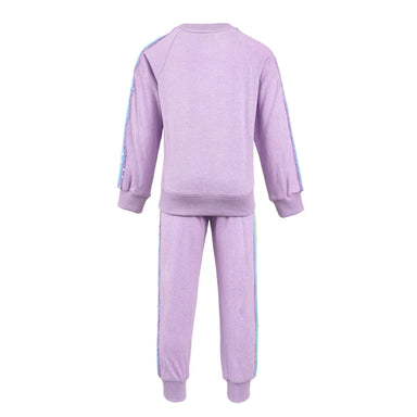 A children's two-piece tracksuit in light purple, shown from the back. The set includes a long-sleeve sweatshirt and matching jogger pants, both featuring light blue and white striped accents down the sleeves and sides.