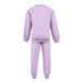 A children's two-piece tracksuit in light purple, shown from the back. The set includes a long-sleeve sweatshirt and matching jogger pants, both featuring light blue and white striped accents down the sleeves and sides.