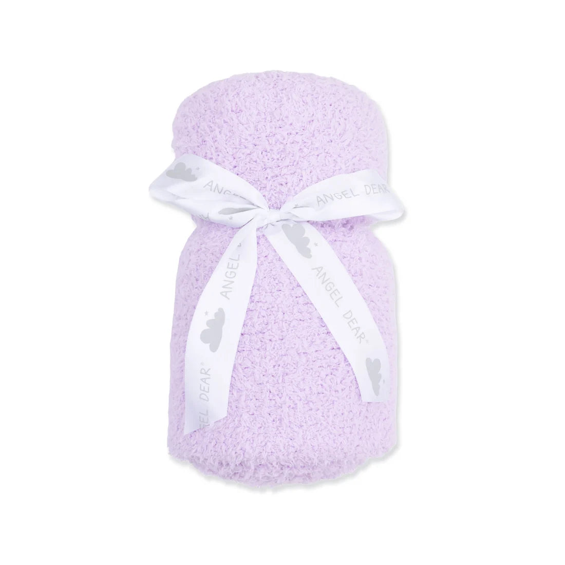 A light purple chenille blanket rolled up and tied with a white ribbon printed with the brand name 'Angel Dear', on a white background.