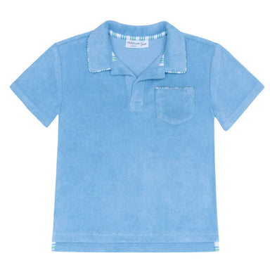 Blue polo shirt with a pocket on a white background