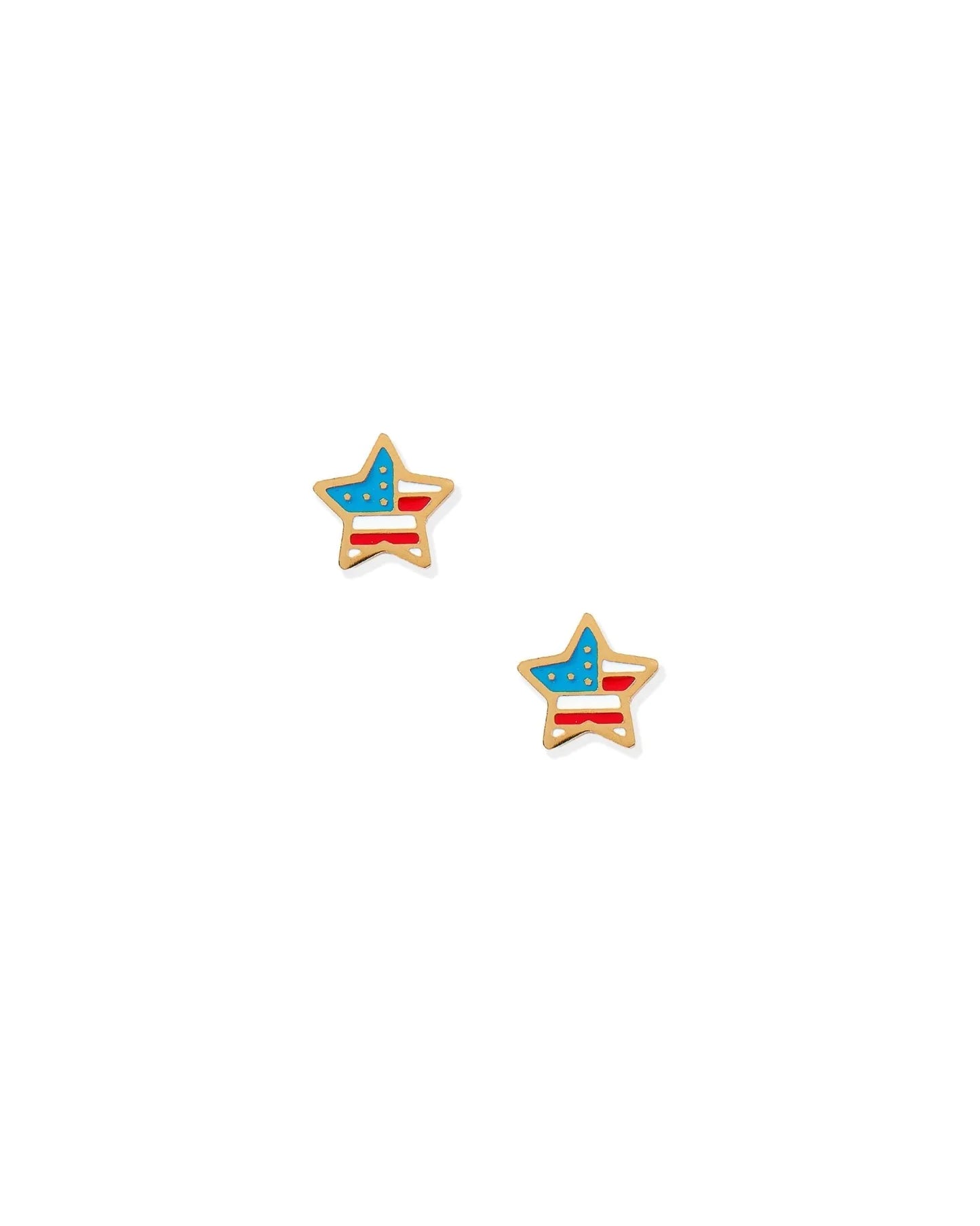 Star-shaped earrings with American flag design on a white background