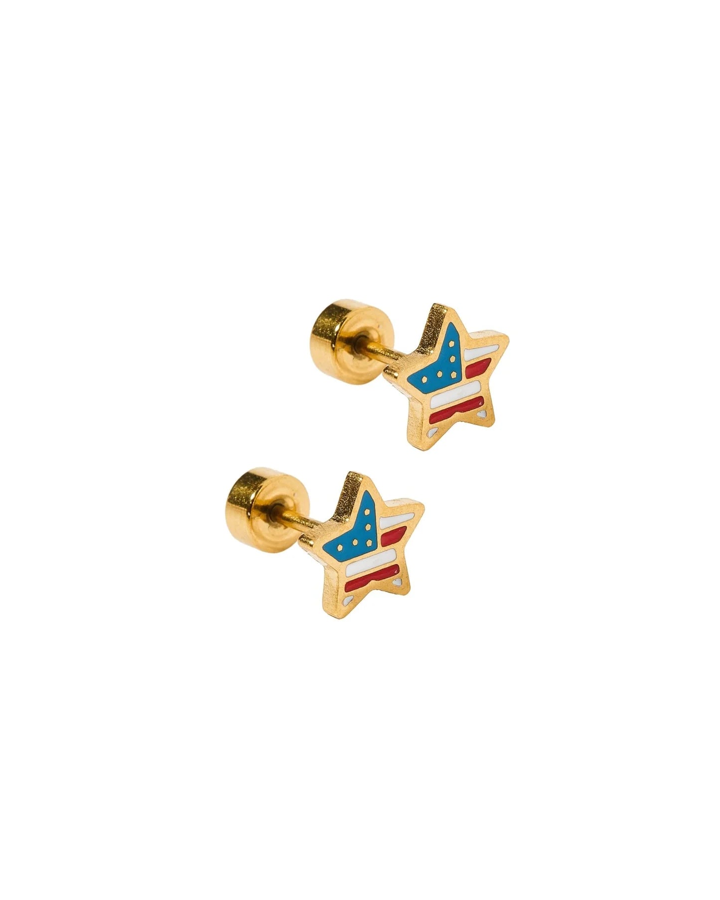 Pair of gold star-shaped earrings with American flag design on a white background