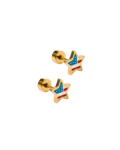 Pair of gold star-shaped earrings with American flag design on a white background