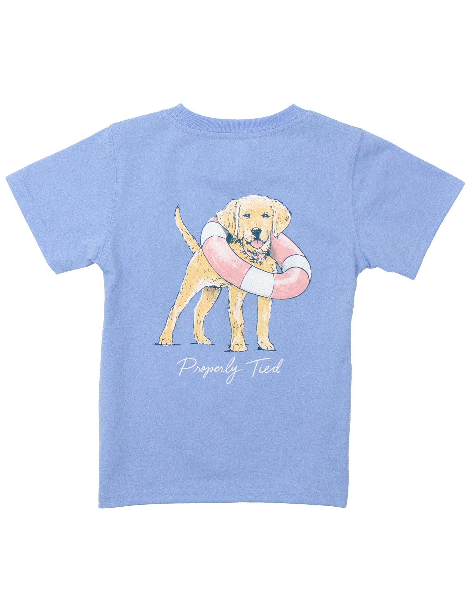 Light blue t-shirt with a dog and life buoy graphic on a white background