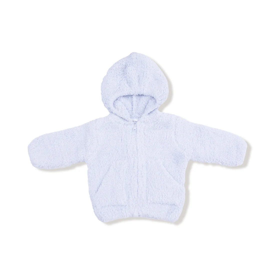 A light blue chenille zip-up hoodie with long sleeves and a hood, laid flat against a white background.