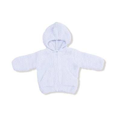 A light blue chenille zip-up hoodie with long sleeves and a hood, laid flat against a white background.