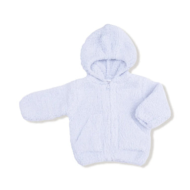 A light blue chenille zippered hoodie on a white background