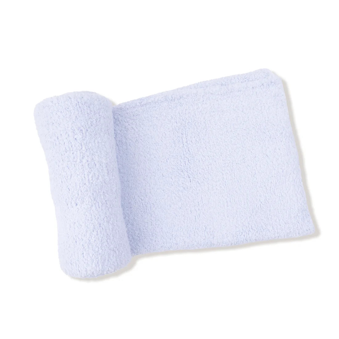 A light blue chenille blanket on a white background