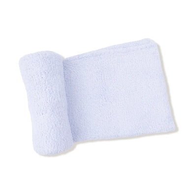 A light blue chenille blanket on a white background