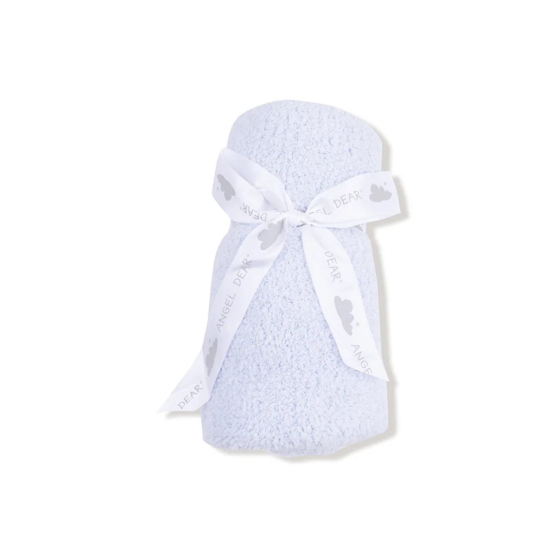 A light blue chenille receiving blanket rolled up with an Angel Dear ribbon tied around it on a white background.