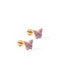 A pair of gold-colored screwback stud earrings featuring a butterfly design with pink and purple CZ stones.