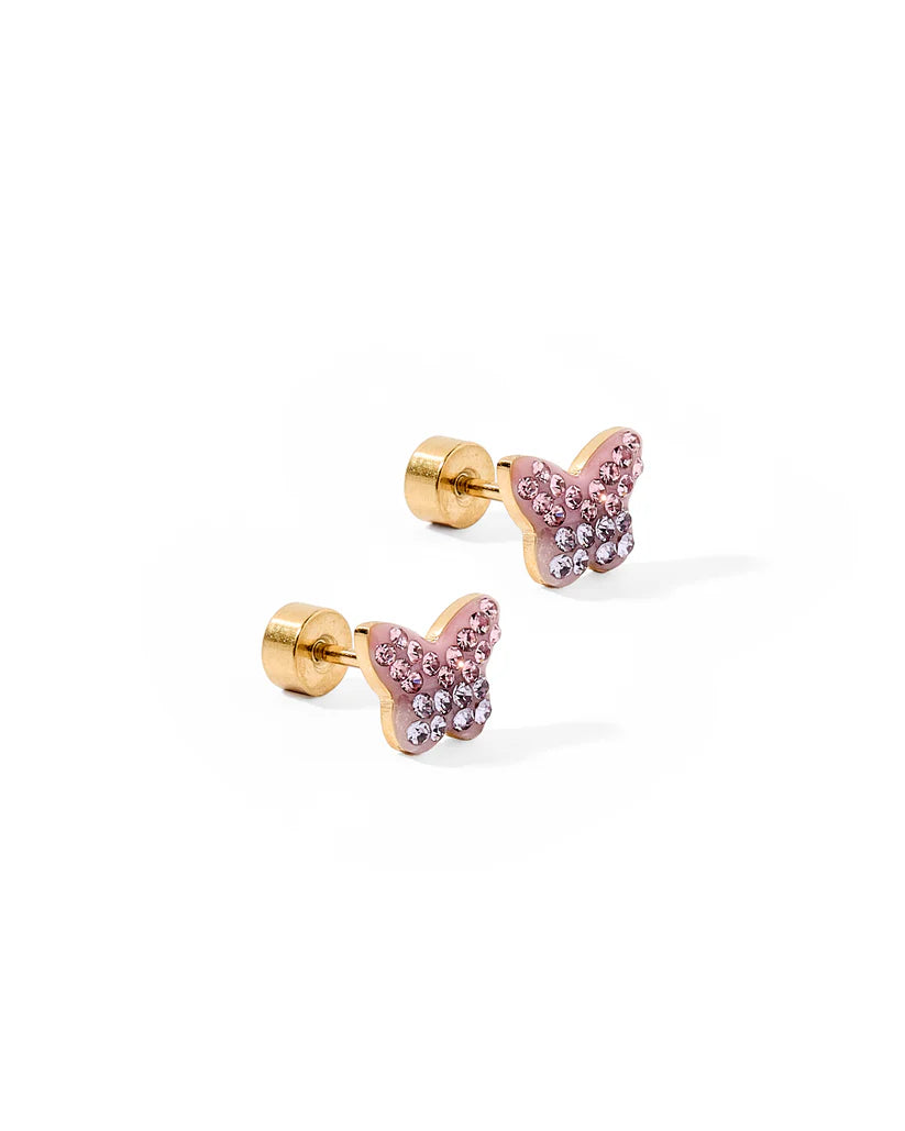 A pair of gold-colored screwback stud earrings featuring a butterfly design with pink and purple CZ stones.