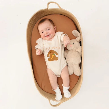 Baby in a crib with a onesie and stuffed animal on a white background