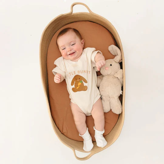 Baby in a crib with a onesie and stuffed animal on a white background