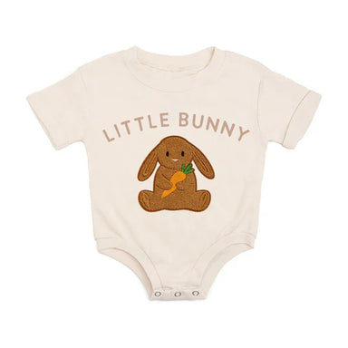 Baby onesie with 'Little Bunny' text and rabbit design on a white background