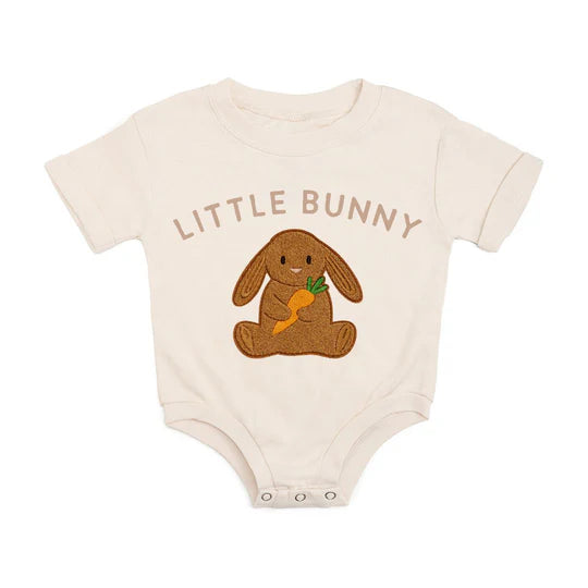 Baby onesie with 'Little Bunny' text and rabbit design on a white background