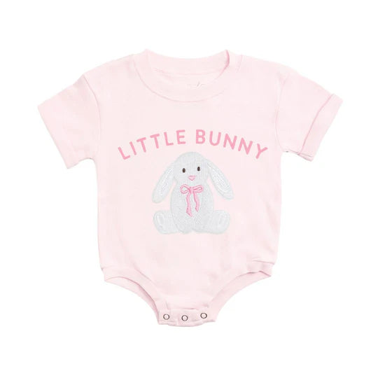 Pink baby onesie with 'Little Bunny' text and bunny graphic on a white background