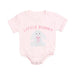 Pink baby onesie with 'Little Bunny' text and bunny graphic on a white background