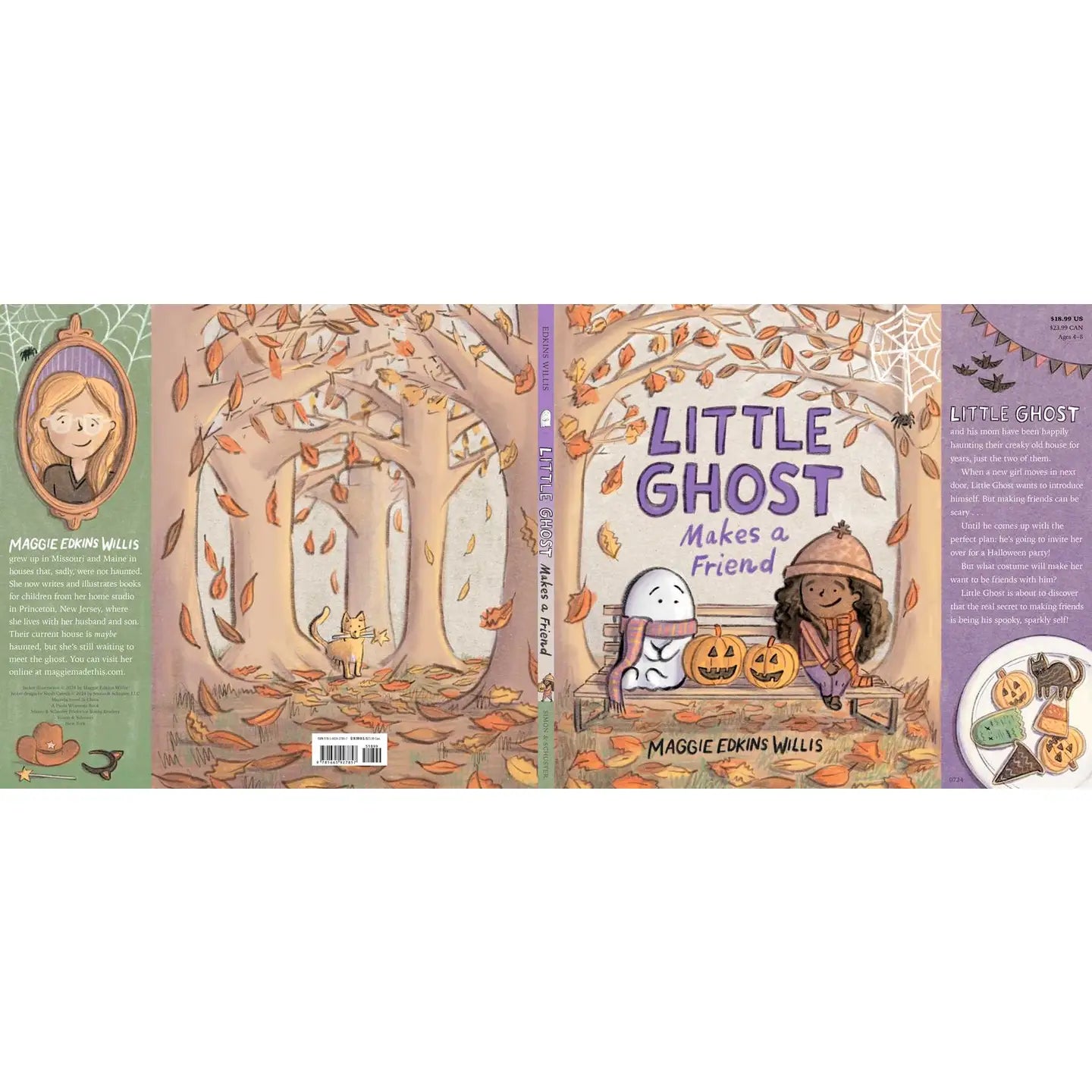 Book cover of 'Little Ghost Makes a Friend' with illustrations of a ghost and a girl in a forest setting.