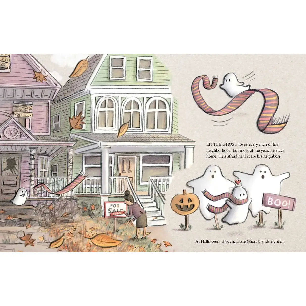 Illustration of ghosts in a neighborhood with a for sale sign, featuring a ghost with a pumpkin and another with a 'boo' sign.