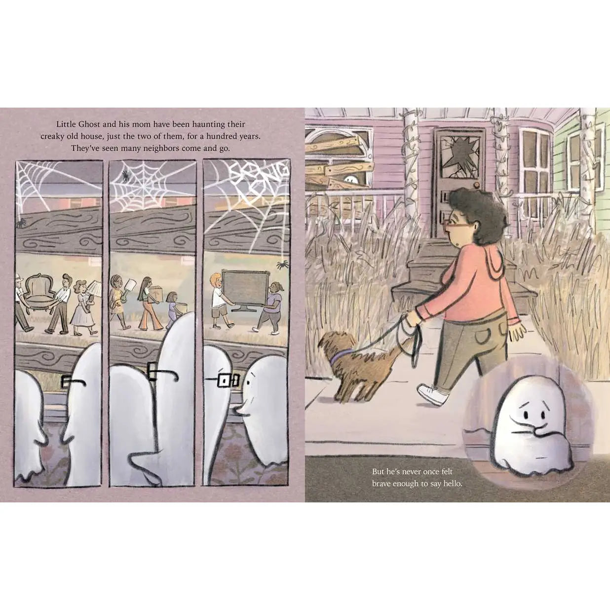 Comic strip with a woman walking a dog next to ghosts in an old house.