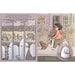 Comic strip with a woman walking a dog next to ghosts in an old house.