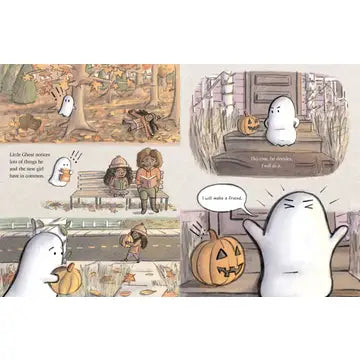 Cartoon ghost characters interacting with children and a pumpkin on Halloween.