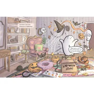 Cartoon ghost and pumpkin in a Halloween-themed room with decorations and props.