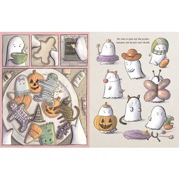 Illustrated Halloween-themed stickers with ghosts, pumpkins, and other characters on a white background.