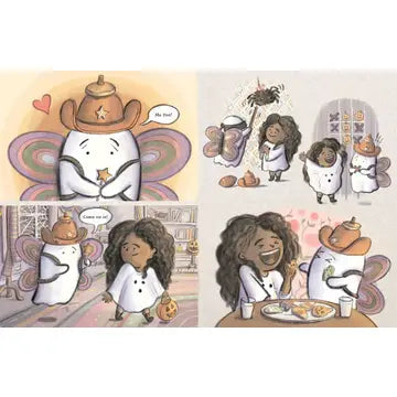 Illustrations of a cartoon character in a chef's outfit with various elements on a white background.