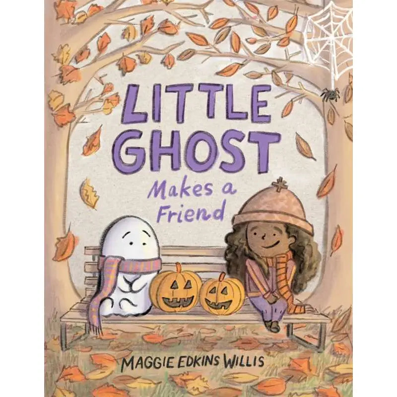 Book cover of 'Little Ghost Makes a Friend' with two characters and pumpkins on a bench.