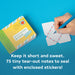 Notebook with tear-out notes and a hand writing on a blue background