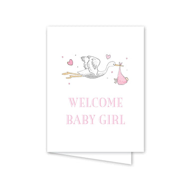 Greeting card with stork carrying a baby girl and 'Welcome Baby Girl' text on a white background.