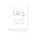 Greeting card with stork carrying a baby girl and 'Welcome Baby Girl' text on a white background.