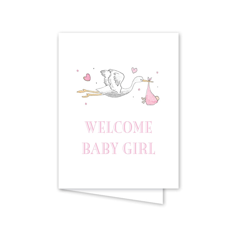 Greeting card with stork carrying a baby girl and 'Welcome Baby Girl' text on a white background.